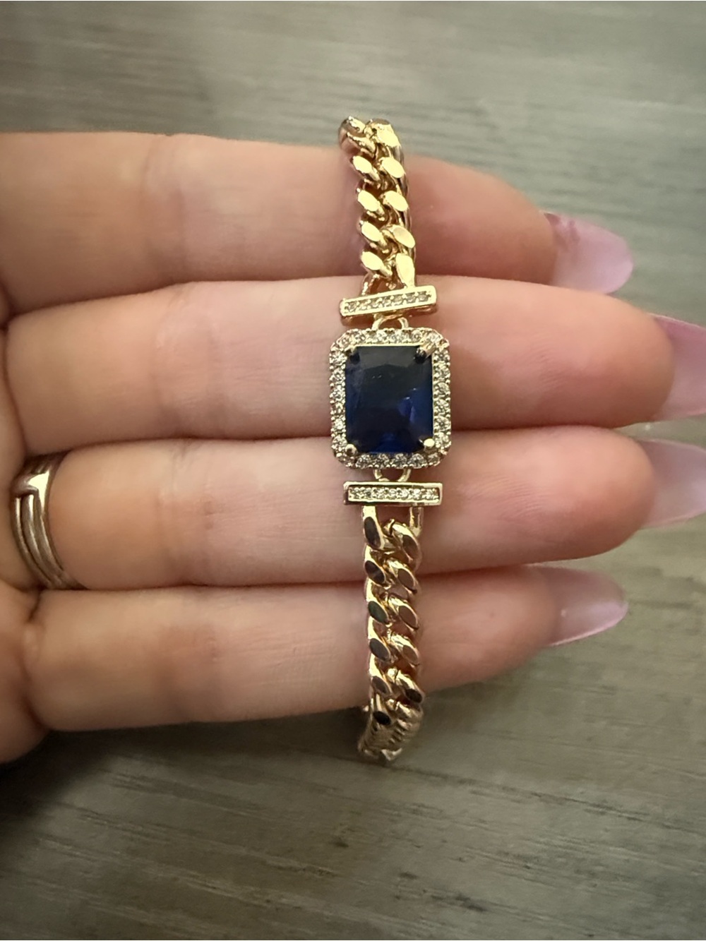 Gold Plated Cuban Chain Bracelet with Blue Crystal Accent